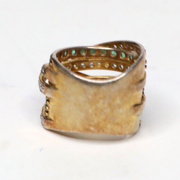 Vintage Crossover Gemstone Ring Gold Plated Sterling Silver Green Clear Stones - Picture 11 of 13